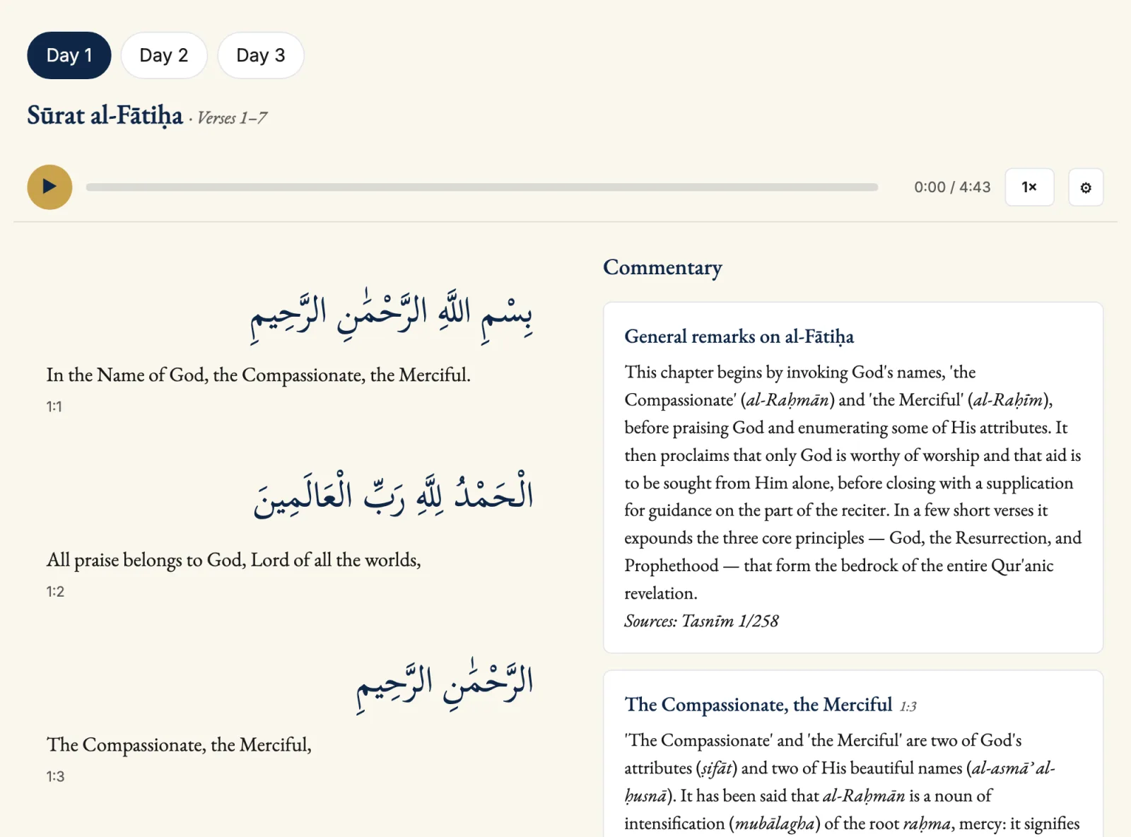 The Daily Qur'an interface — a recitation player above Arabic verses with English translation and a commentary panel